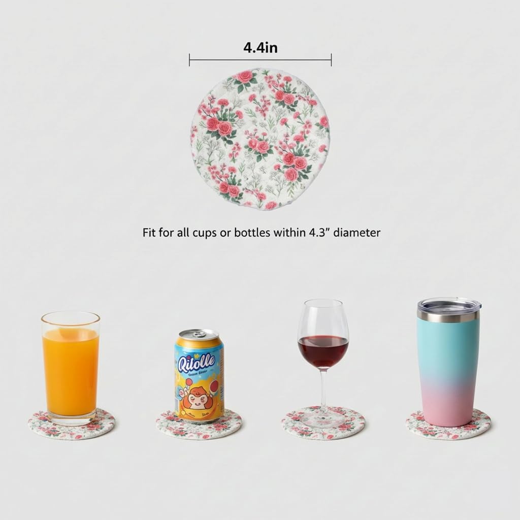 Woven Cotton Drink Coasters with Holder, Pink Rose, 6 Pack