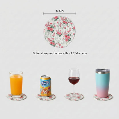Woven Cotton Drink Coasters with Holder, Pink Rose, 6 Pack