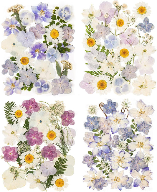 120pcs Dried Pressed Hydrangea Flowers for Crafts, Natural Blue, Pink & White Pressed Dried Flowers with Tweezer for DIY Crafts Resin Mold Candles Cake Bridal Scrapbooking Supplies