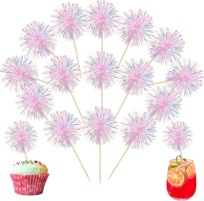 30Pcs Foil Firework Cupcake Toppers Happy Birthday Cake Toppers Tinsel Flower Drink Stirrers Cocktail Food Fruit Toothpicks for Valentine's Day Party Decorations Pink