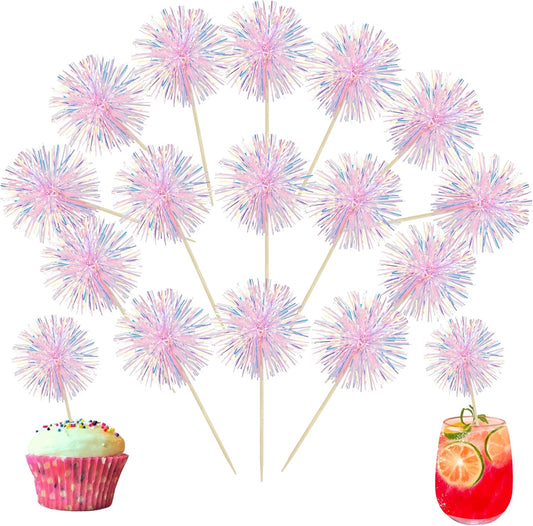 30Pcs Foil Firework Cupcake Toppers Happy Birthday Cake Toppers Tinsel Flower Drink Stirrers Cocktail Food Fruit Toothpicks for Valentine's Day Party Decorations Pink