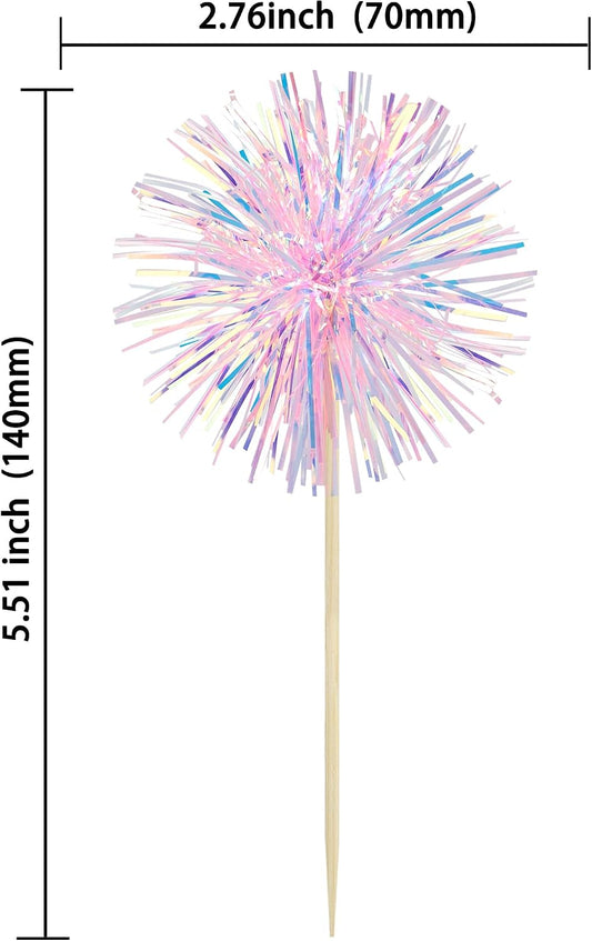30Pcs Foil Firework Cupcake Toppers Happy Birthday Cake Toppers Tinsel Flower Drink Stirrers Cocktail Food Fruit Toothpicks for Valentine's Day Party Decorations Pink