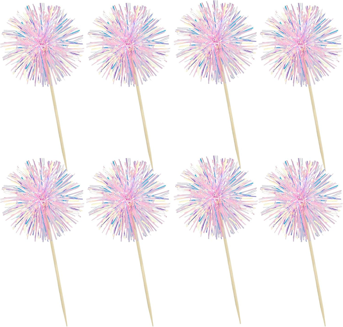 30Pcs Foil Firework Cupcake Toppers Happy Birthday Cake Toppers Tinsel Flower Drink Stirrers Cocktail Food Fruit Toothpicks for Valentine's Day Party Decorations Pink