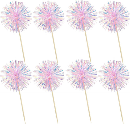 30Pcs Foil Firework Cupcake Toppers Happy Birthday Cake Toppers Tinsel Flower Drink Stirrers Cocktail Food Fruit Toothpicks for Valentine's Day Party Decorations Pink
