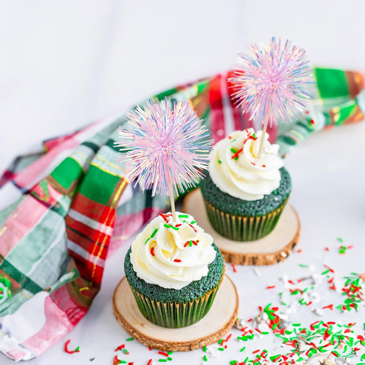 30Pcs Foil Firework Cupcake Toppers Happy Birthday Cake Toppers Tinsel Flower Drink Stirrers Cocktail Food Fruit Toothpicks for Valentine's Day Party Decorations Pink