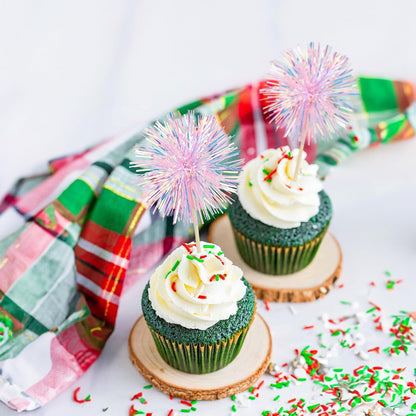 30Pcs Foil Firework Cupcake Toppers Happy Birthday Cake Toppers Tinsel Flower Drink Stirrers Cocktail Food Fruit Toothpicks for Valentine's Day Party Decorations Pink