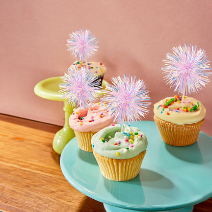 30Pcs Foil Firework Cupcake Toppers Happy Birthday Cake Toppers Tinsel Flower Drink Stirrers Cocktail Food Fruit Toothpicks for Valentine's Day Party Decorations Pink