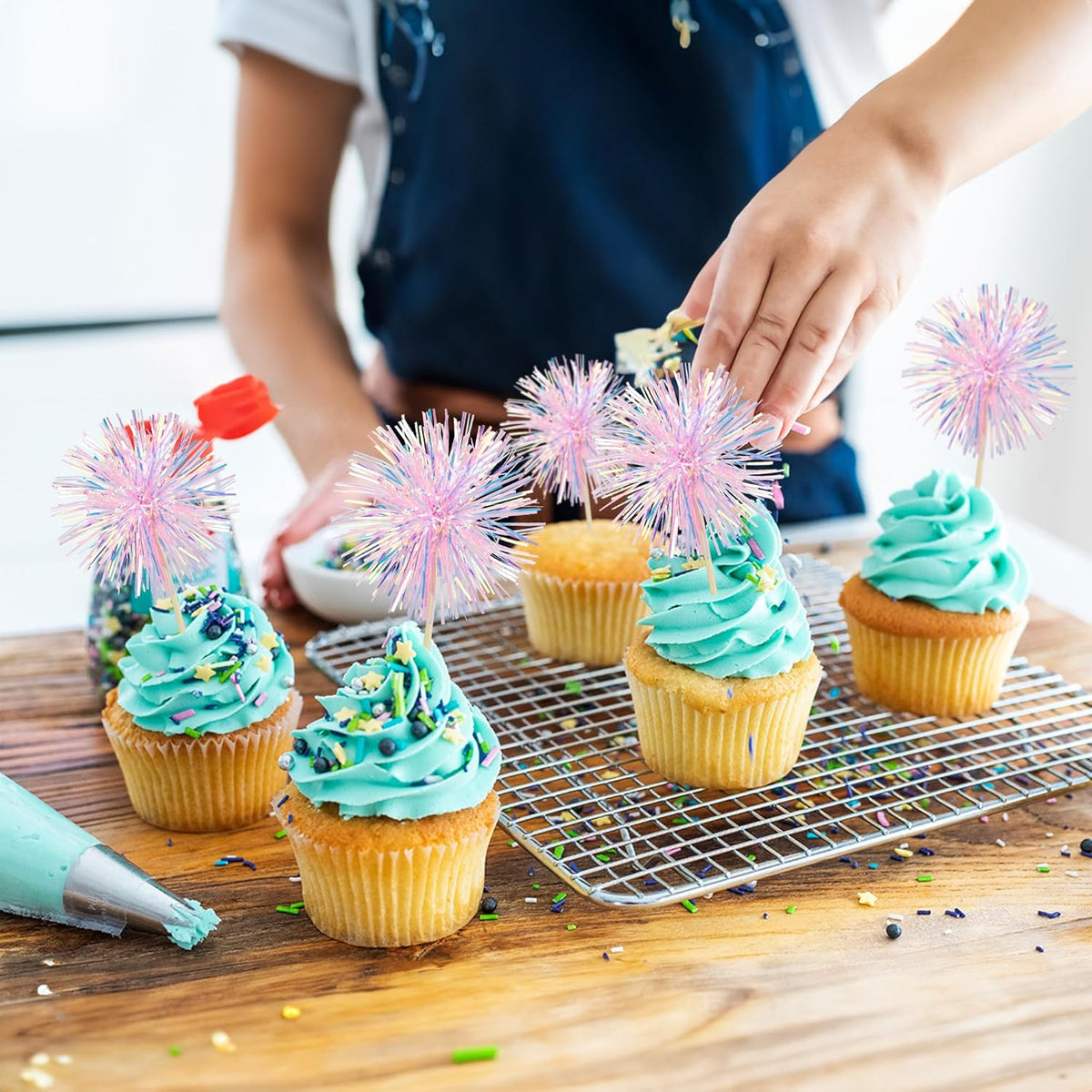 30Pcs Foil Firework Cupcake Toppers Happy Birthday Cake Toppers Tinsel Flower Drink Stirrers Cocktail Food Fruit Toothpicks for Valentine's Day Party Decorations Pink