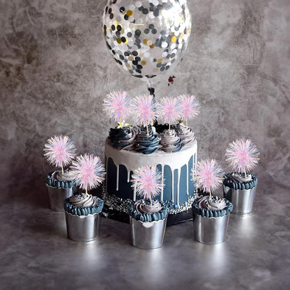 30Pcs Foil Firework Cupcake Toppers Happy Birthday Cake Toppers Tinsel Flower Drink Stirrers Cocktail Food Fruit Toothpicks for Valentine's Day Party Decorations Pink