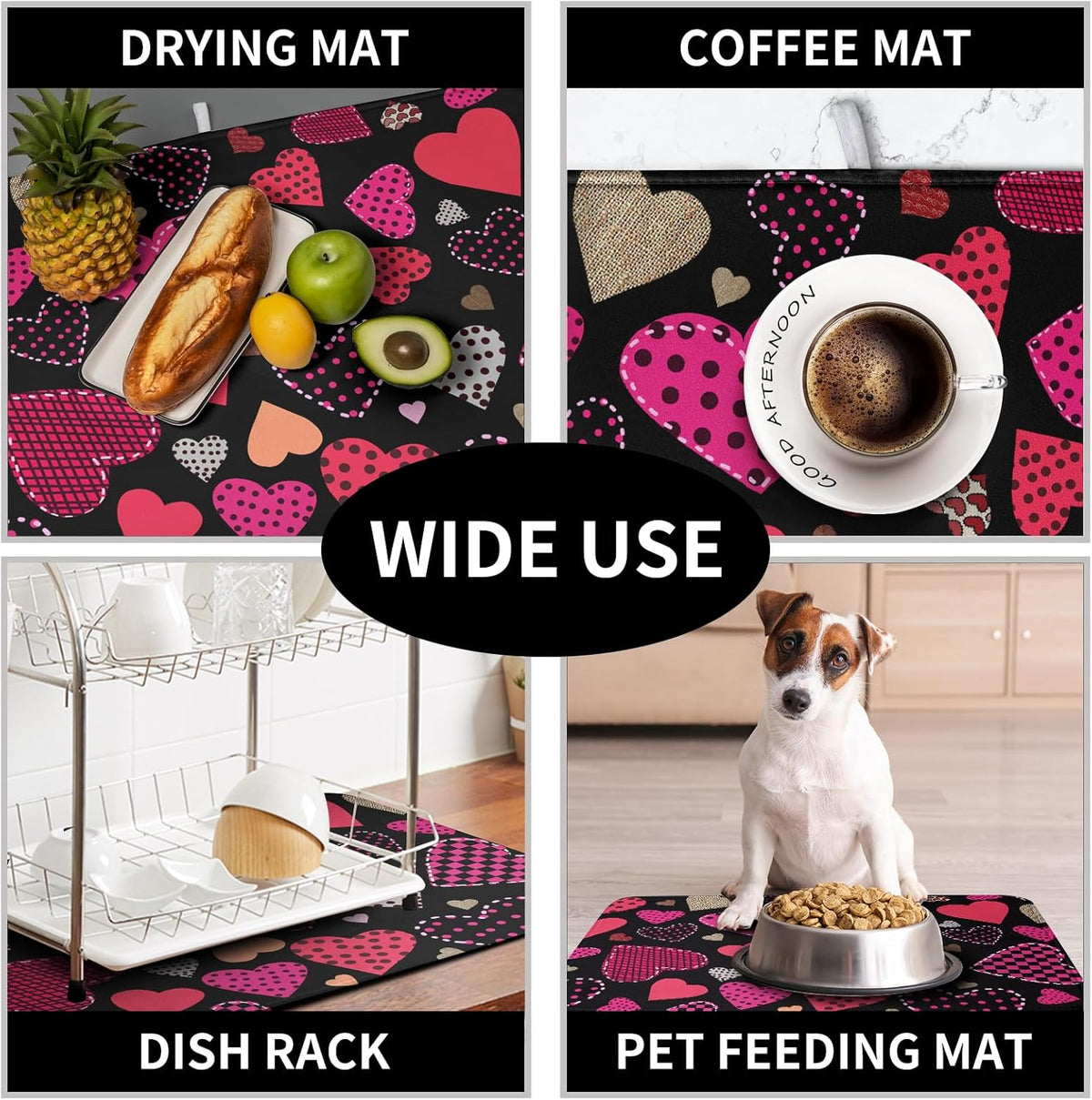 Happy Valentine's Day Kitchen Drying Mats for Dishes 18x24 Inch Love Heart Dish Drying Mat Black Pink Polka Dots Dish Drainer Mat Super Absorbent Dish Rack Pad for Coffee Bar Sinks