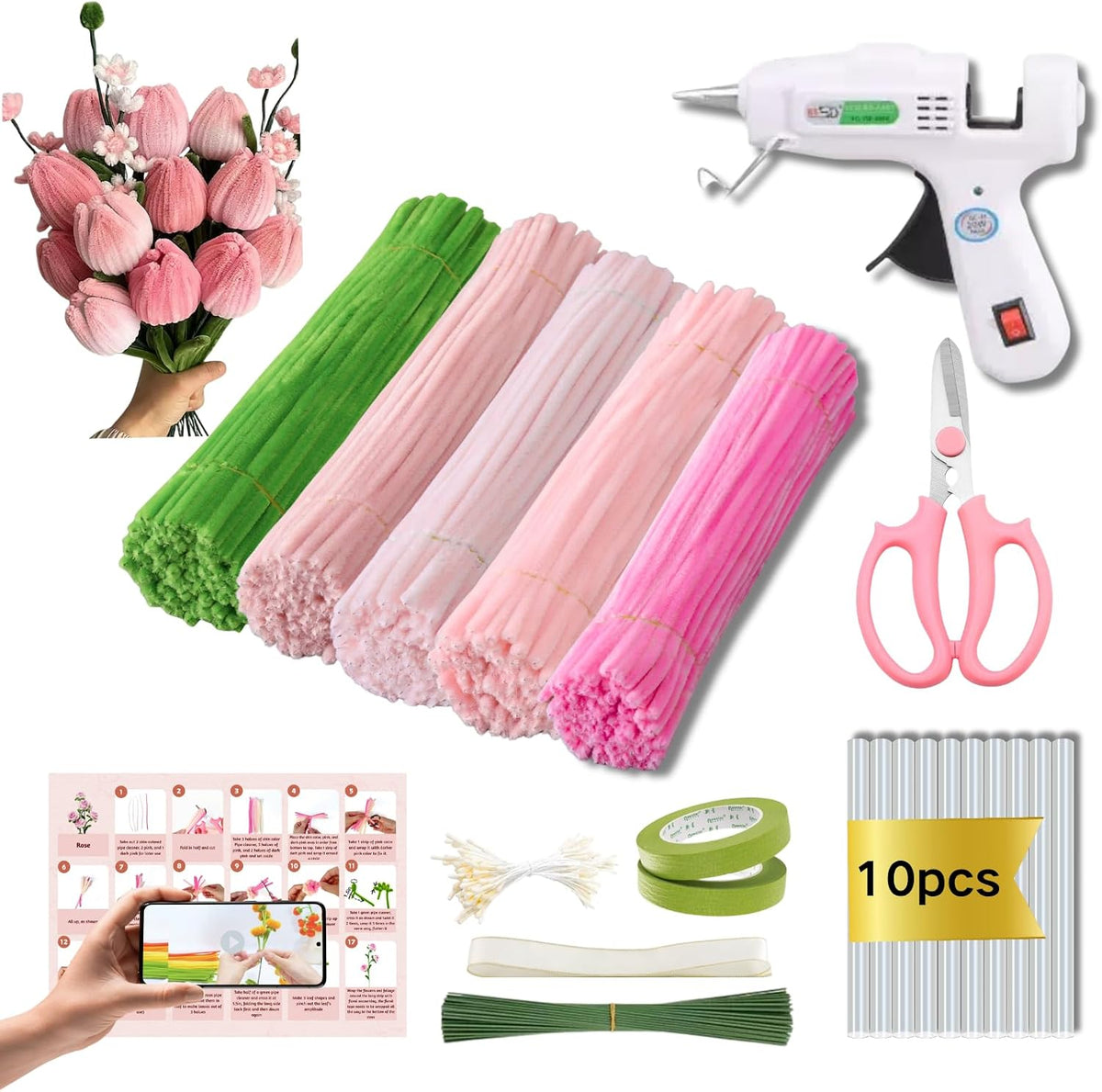 500pcs Pipe Cleaners Flowers Kit,Chenille Stems for DIY Flower Making Kit,Pipe Cleaners Projects Creative for DIY Art and Craft,Ideal for Holiday Decoration(Pink)