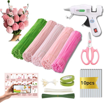 500pcs Pipe Cleaners Flowers Kit,Chenille Stems for DIY Flower Making Kit,Pipe Cleaners Projects Creative for DIY Art and Craft,Ideal for Holiday Decoration(Pink)