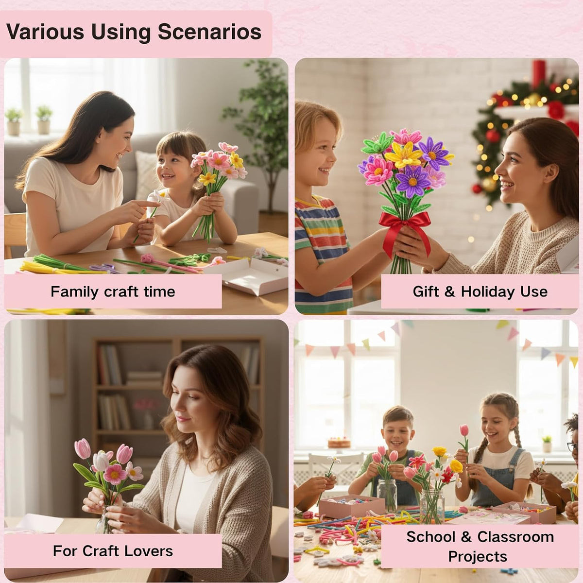 500pcs Pipe Cleaners Flowers Kit,Chenille Stems for DIY Flower Making Kit,Pipe Cleaners Projects Creative for DIY Art and Craft,Ideal for Holiday Decoration(Pink)