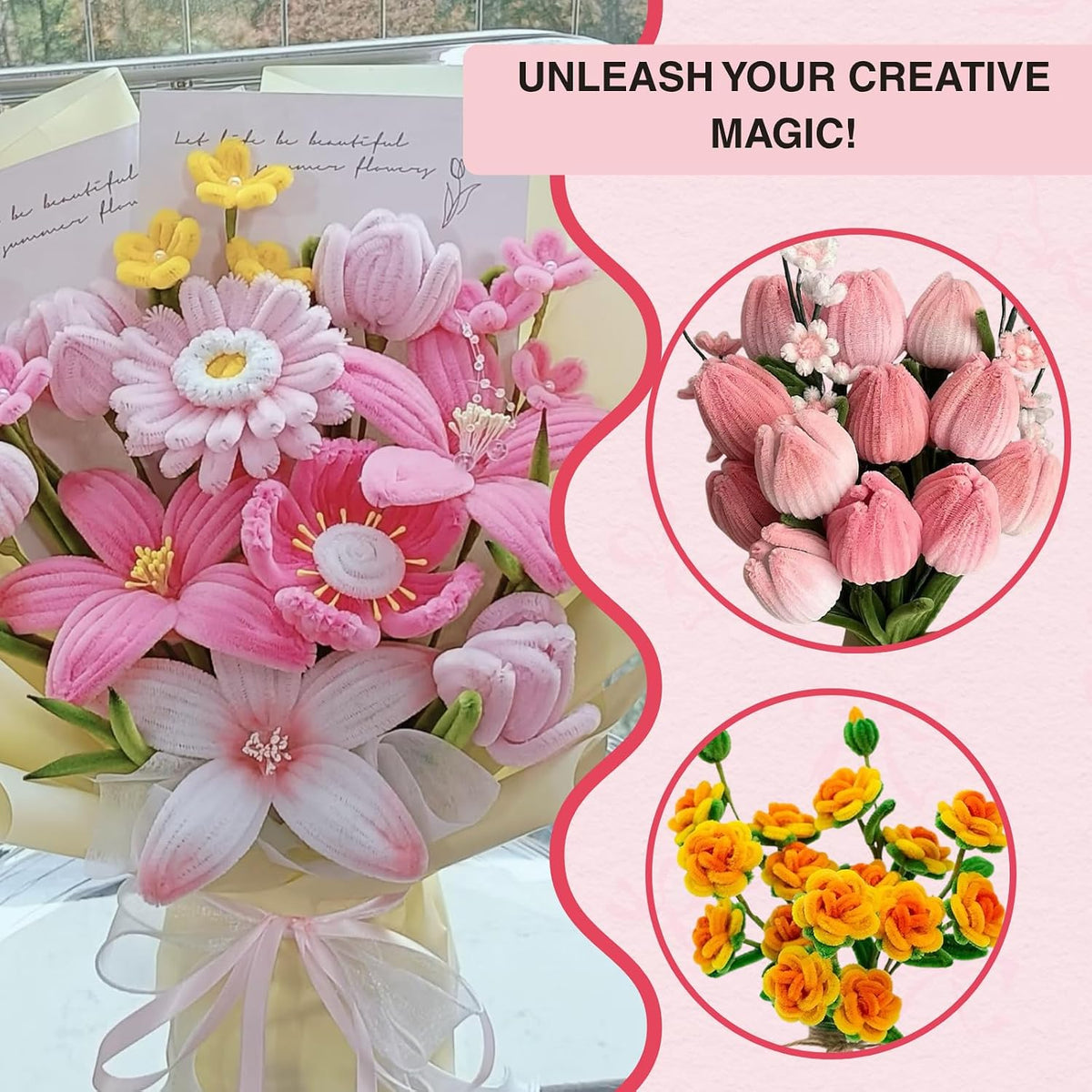 500pcs Pipe Cleaners Flowers Kit,Chenille Stems for DIY Flower Making Kit,Pipe Cleaners Projects Creative for DIY Art and Craft,Ideal for Holiday Decoration(Pink)