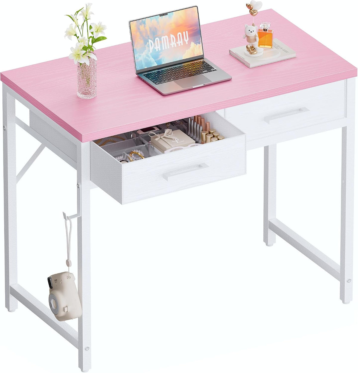 32 Inch Small Computer Desk with 2 Drawers for Bedroom Study Writing Home Office Table for Small Spaces Pink
