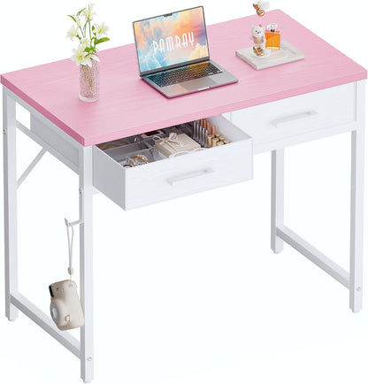 32 Inch Small Computer Desk with 2 Drawers for Bedroom Study Writing Home Office Table for Small Spaces Pink