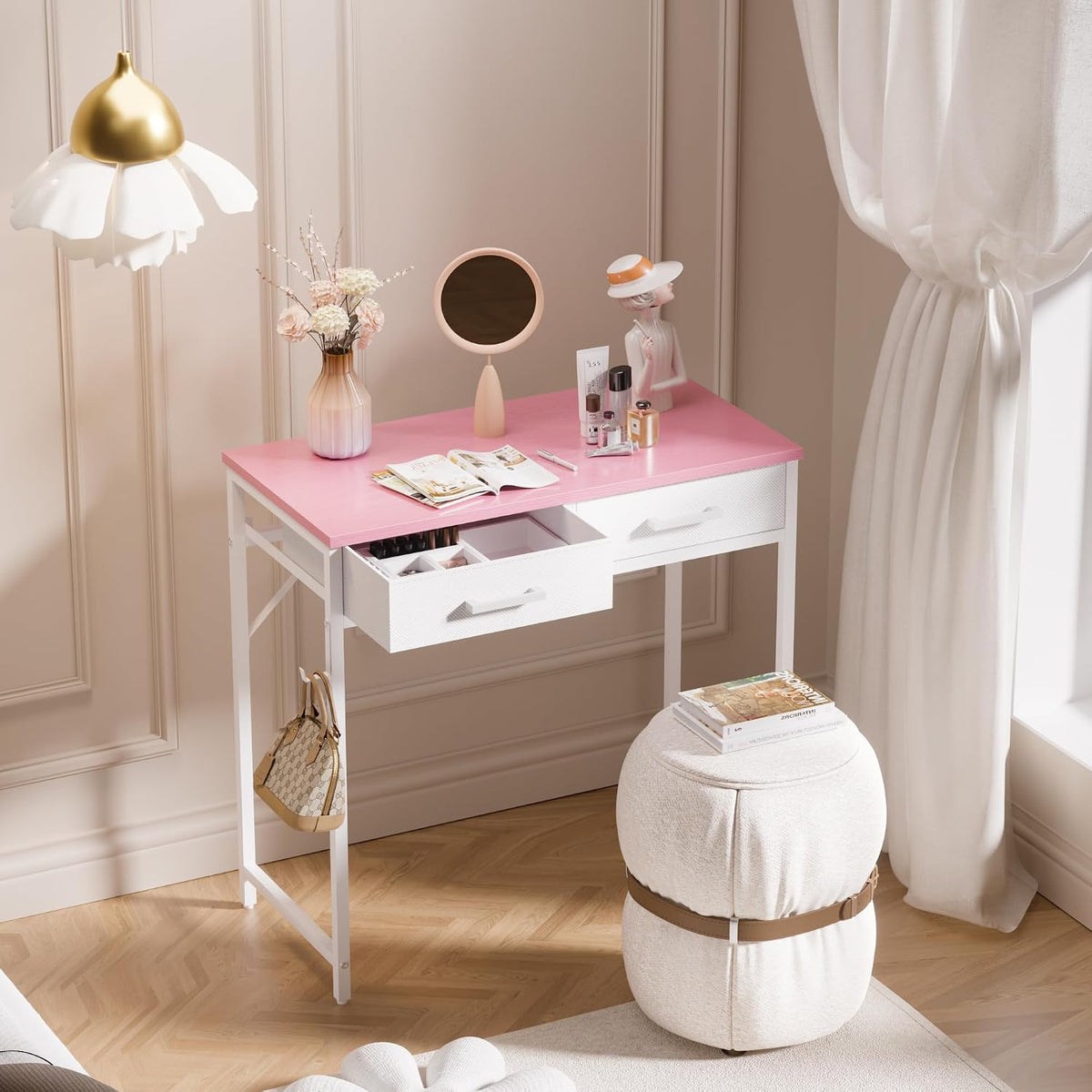 32 Inch Small Computer Desk with 2 Drawers for Bedroom Study Writing Home Office Table for Small Spaces Pink