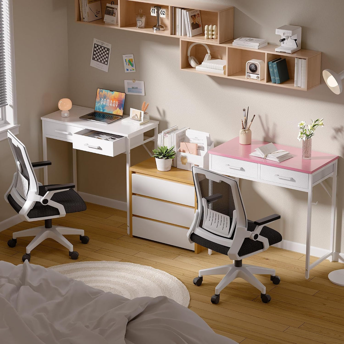 32 Inch Small Computer Desk with 2 Drawers for Bedroom Study Writing Home Office Table for Small Spaces Pink