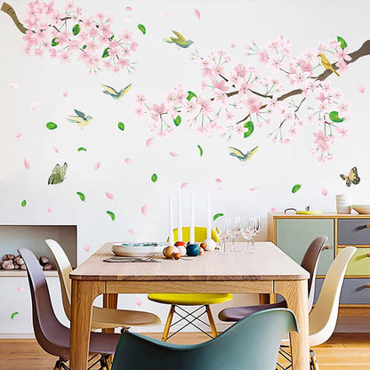 Peach Blossom Flower Wall Decals Pink Floral Bird Tree Branch Wall Sticker Creative Peel and Stick Removable Wall Art Decor for Living Room Bedroom Home Office (PeachBlossom)
