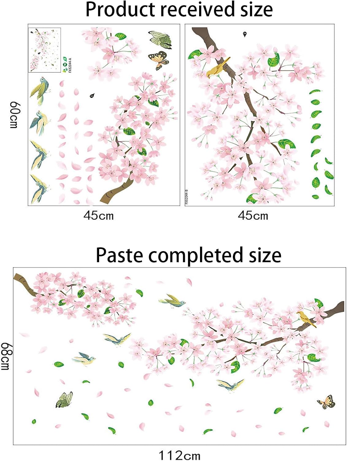 Peach Blossom Flower Wall Decals Pink Floral Bird Tree Branch Wall Sticker Creative Peel and Stick Removable Wall Art Decor for Living Room Bedroom Home Office (PeachBlossom)