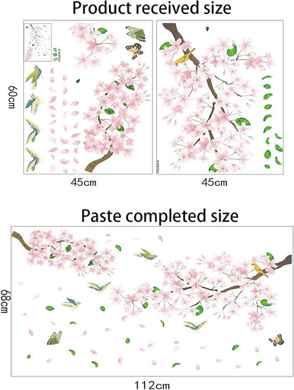 Peach Blossom Flower Wall Decals Pink Floral Bird Tree Branch Wall Sticker Creative Peel and Stick Removable Wall Art Decor for Living Room Bedroom Home Office (PeachBlossom)