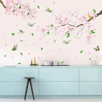 Peach Blossom Flower Wall Decals Pink Floral Bird Tree Branch Wall Sticker Creative Peel and Stick Removable Wall Art Decor for Living Room Bedroom Home Office (PeachBlossom)