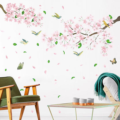 Peach Blossom Flower Wall Decals Pink Floral Bird Tree Branch Wall Sticker Creative Peel and Stick Removable Wall Art Decor for Living Room Bedroom Home Office (PeachBlossom)