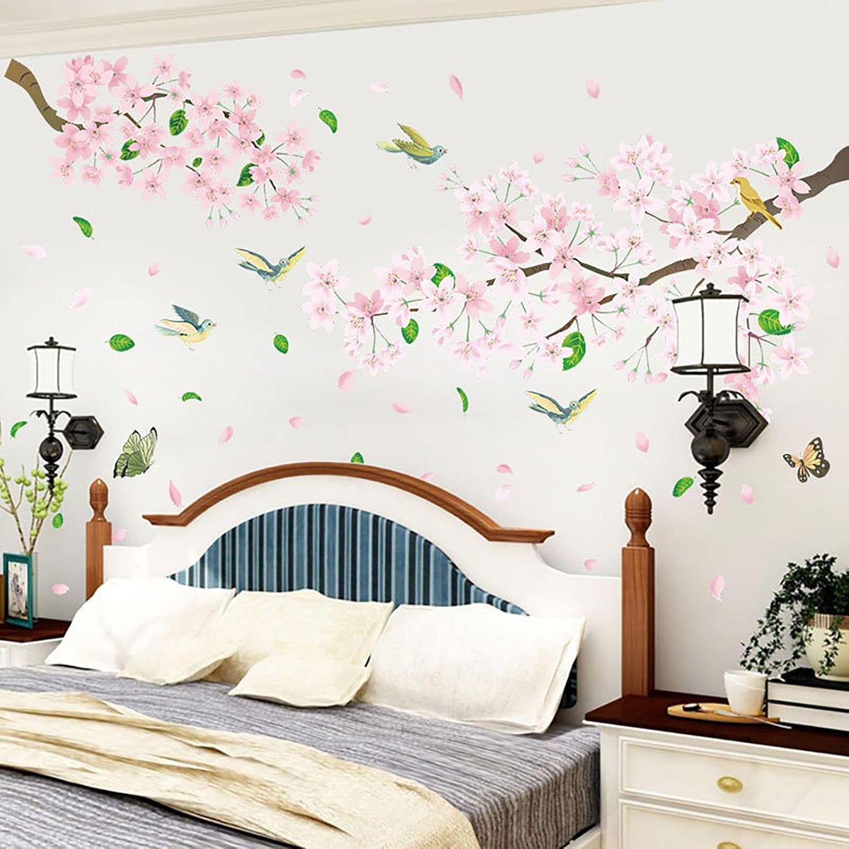 Peach Blossom Flower Wall Decals Pink Floral Bird Tree Branch Wall Sticker Creative Peel and Stick Removable Wall Art Decor for Living Room Bedroom Home Office (PeachBlossom)