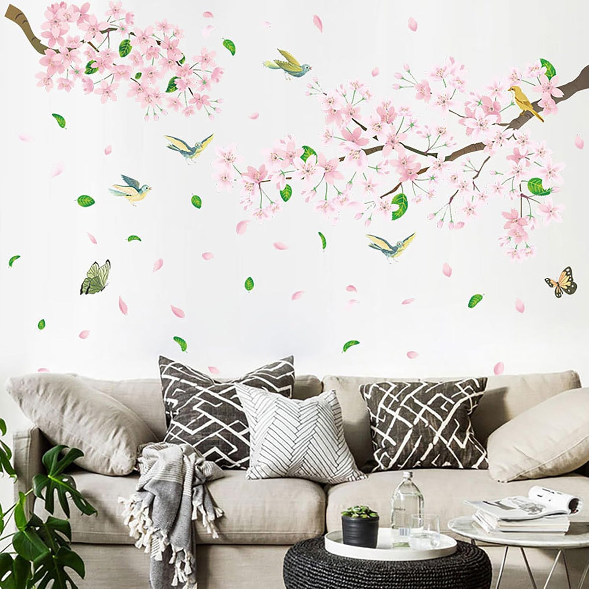 Peach Blossom Flower Wall Decals Pink Floral Bird Tree Branch Wall Sticker Creative Peel and Stick Removable Wall Art Decor for Living Room Bedroom Home Office (PeachBlossom)