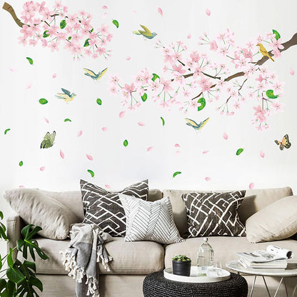 Peach Blossom Flower Wall Decals Pink Floral Bird Tree Branch Wall Sticker Creative Peel and Stick Removable Wall Art Decor for Living Room Bedroom Home Office (PeachBlossom)