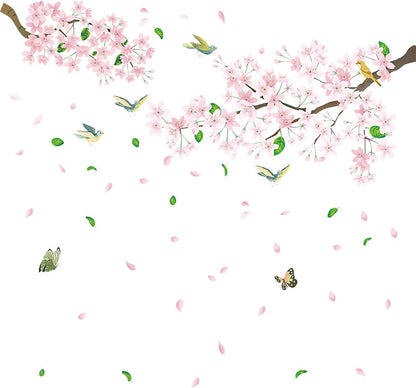 Peach Blossom Flower Wall Decals Pink Floral Bird Tree Branch Wall Sticker Creative Peel and Stick Removable Wall Art Decor for Living Room Bedroom Home Office (PeachBlossom)
