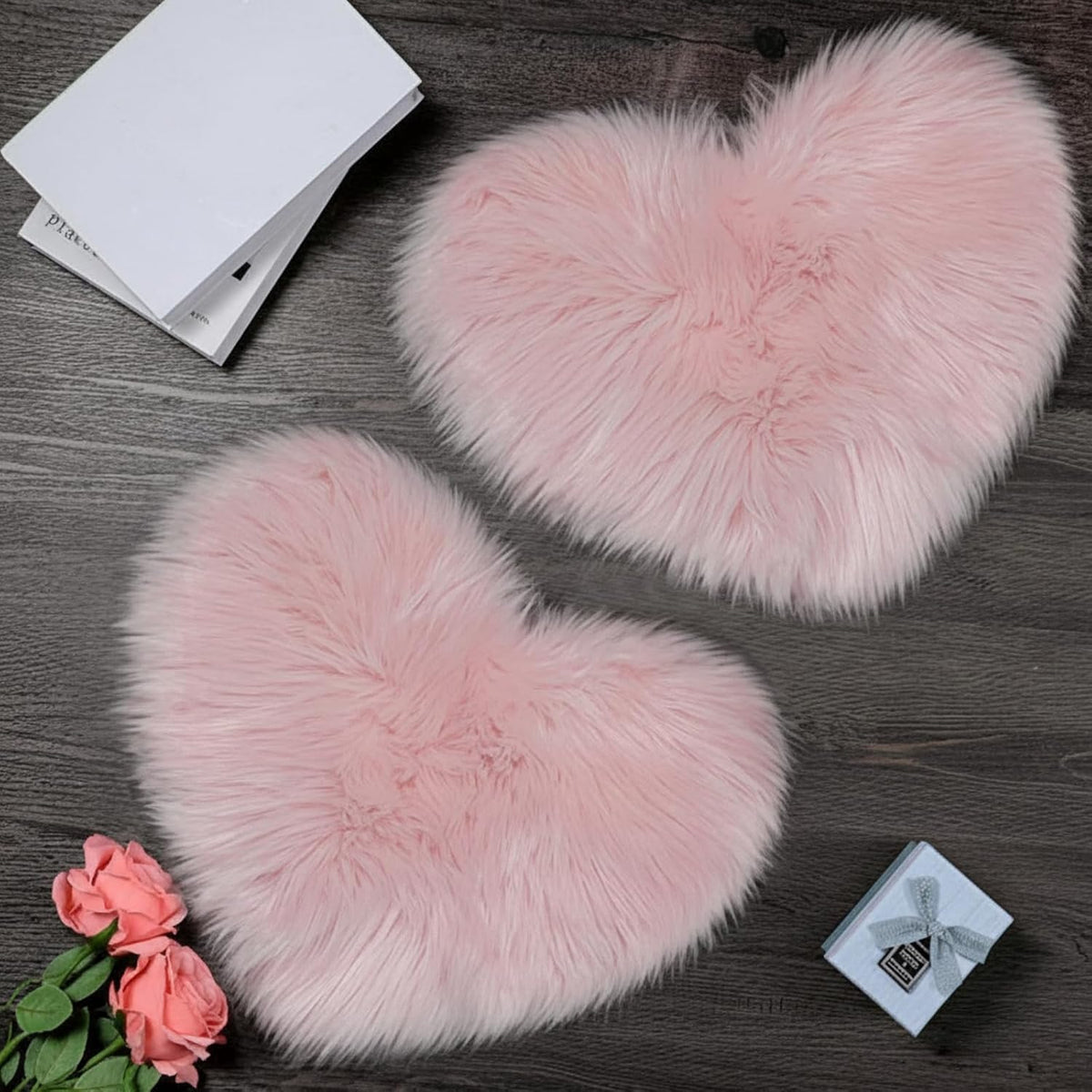 2 Pack Small Heart Shaped Faux Fur Rug, Pink