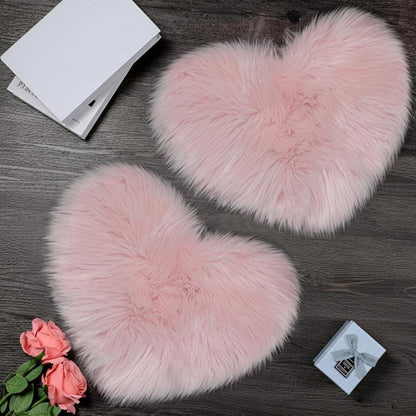 2 Pack Small Heart Shaped Faux Fur Rug, Pink