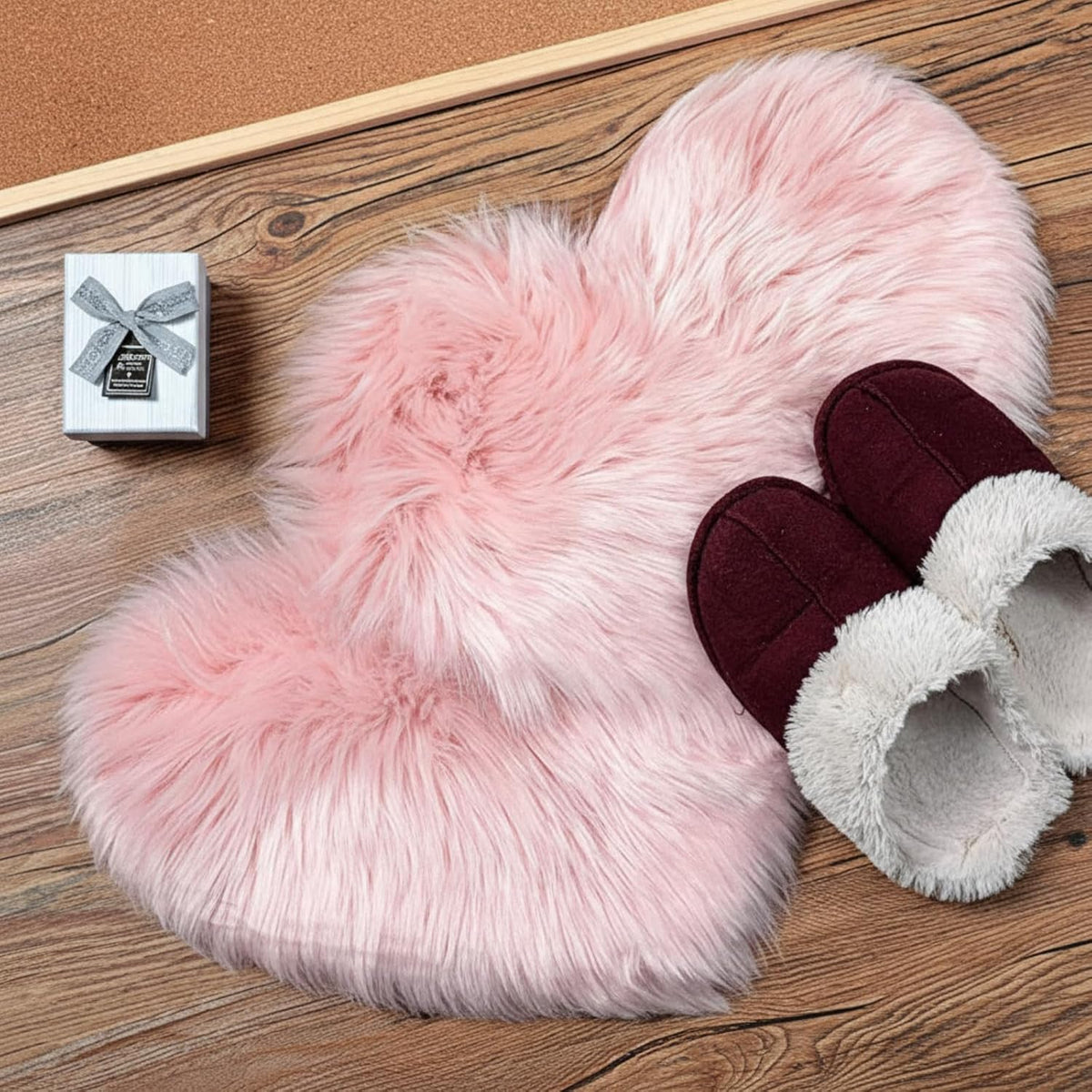 2 Pack Small Heart Shaped Faux Fur Rug, Pink