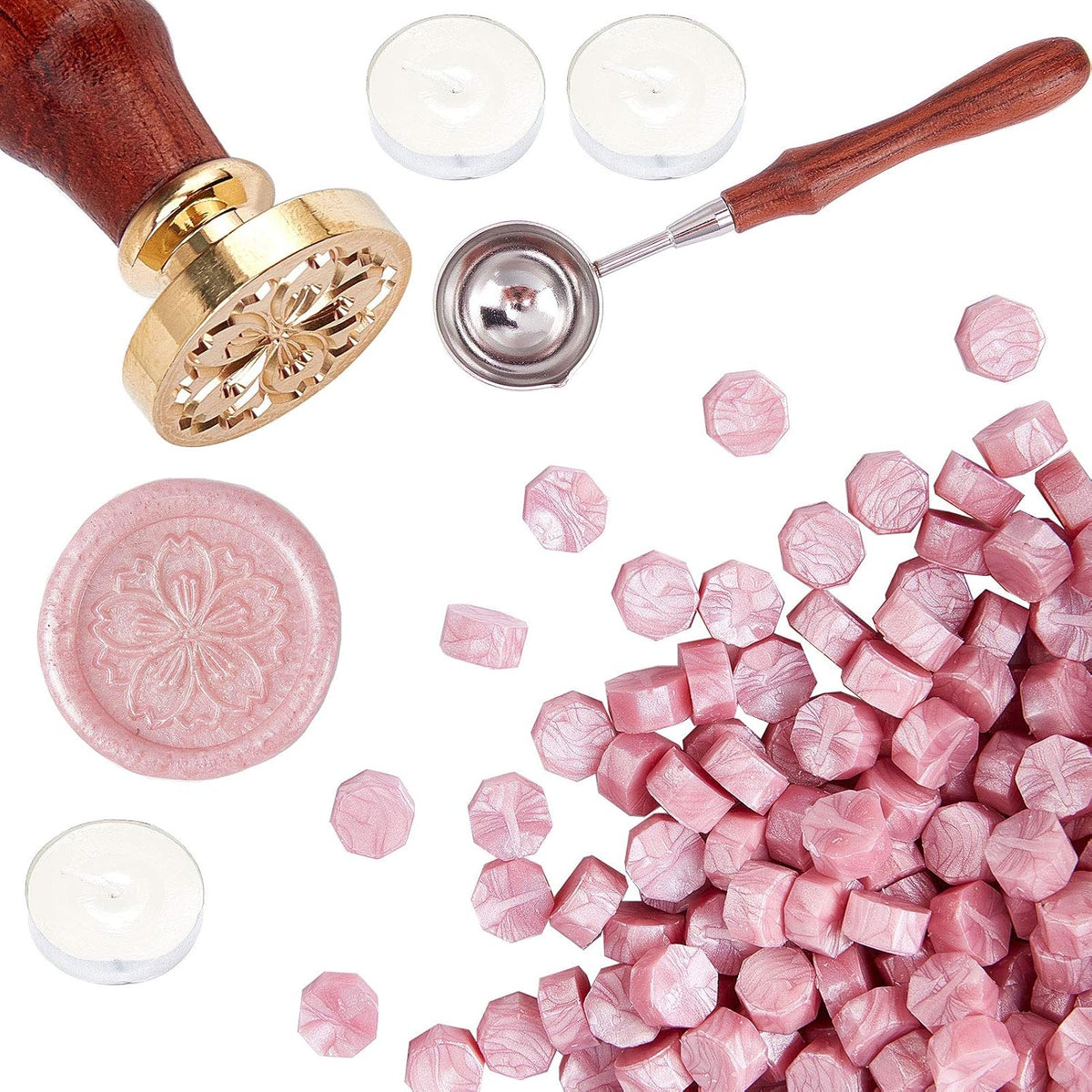 Cherry Flower Wax Seal Stamp Set + 200pcs Pink Sealing Wax Beads + Melting Spoon + 3pcs Candles for Wedding Invitations Envelops Cards Gift Letter Wrapping Wine Packages