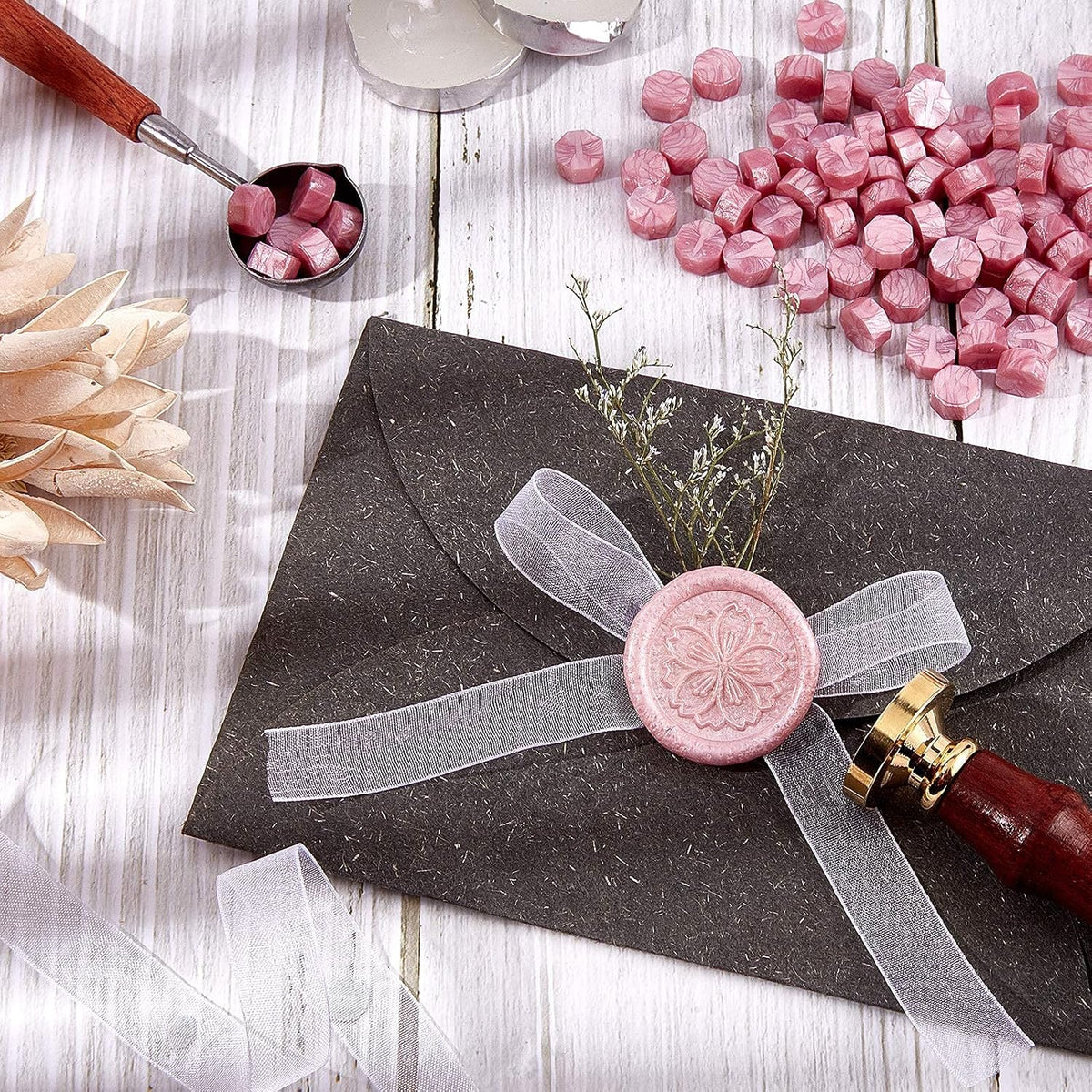 Cherry Flower Wax Seal Stamp Set + 200pcs Pink Sealing Wax Beads + Melting Spoon + 3pcs Candles for Wedding Invitations Envelops Cards Gift Letter Wrapping Wine Packages