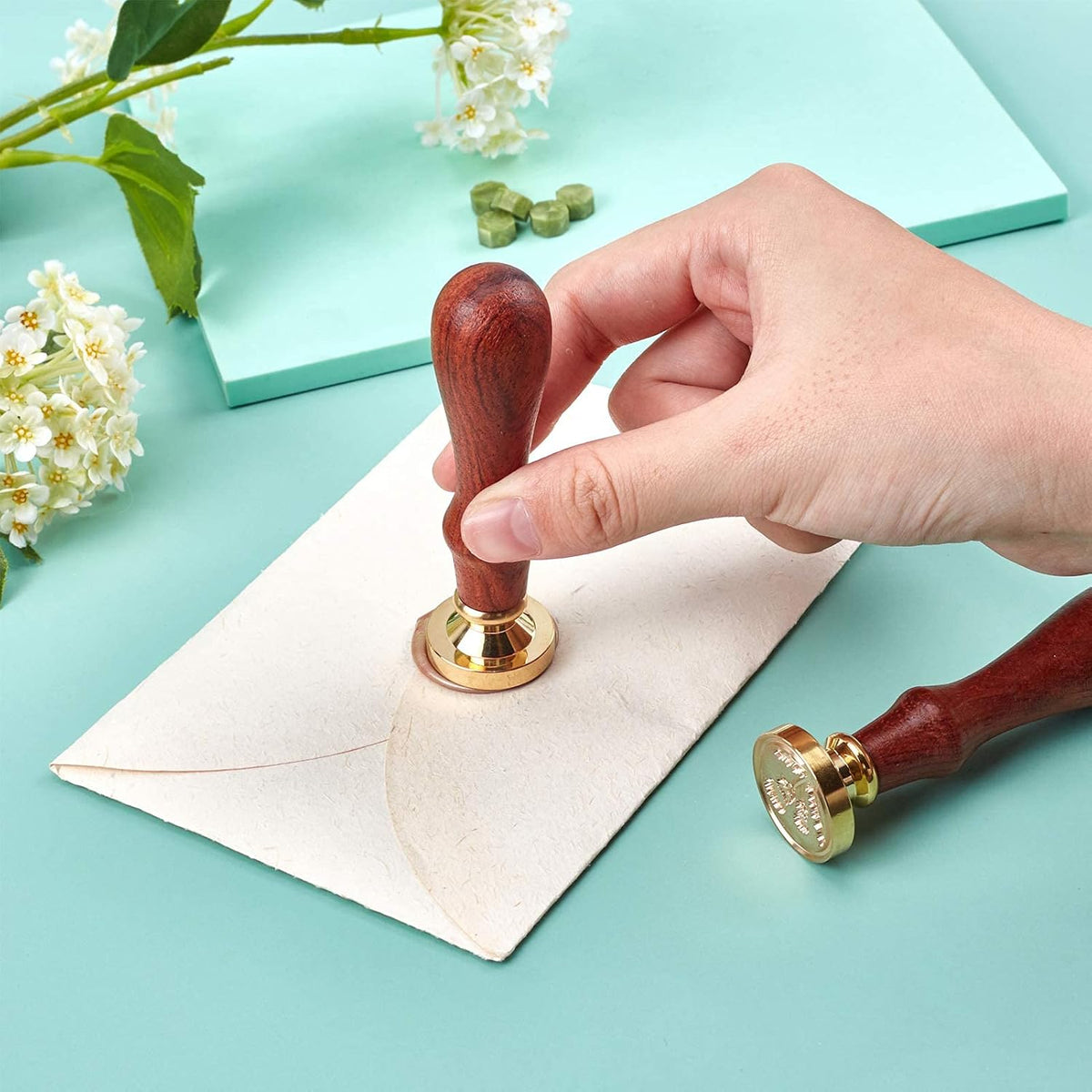 Cherry Flower Wax Seal Stamp Set + 200pcs Pink Sealing Wax Beads + Melting Spoon + 3pcs Candles for Wedding Invitations Envelops Cards Gift Letter Wrapping Wine Packages