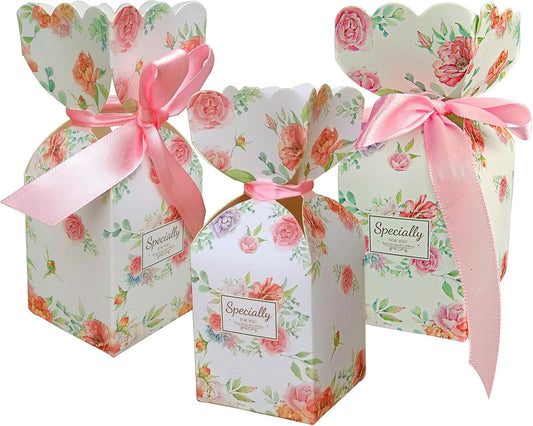50 Pcs Floral Pattern Candy Boxes Wedding Birthday Party Favor Gift Box with 50pcs Light Pink Ribbon