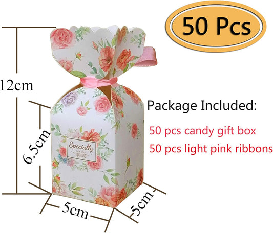 50 Pcs Floral Pattern Candy Boxes Wedding Birthday Party Favor Gift Box with 50pcs Light Pink Ribbon