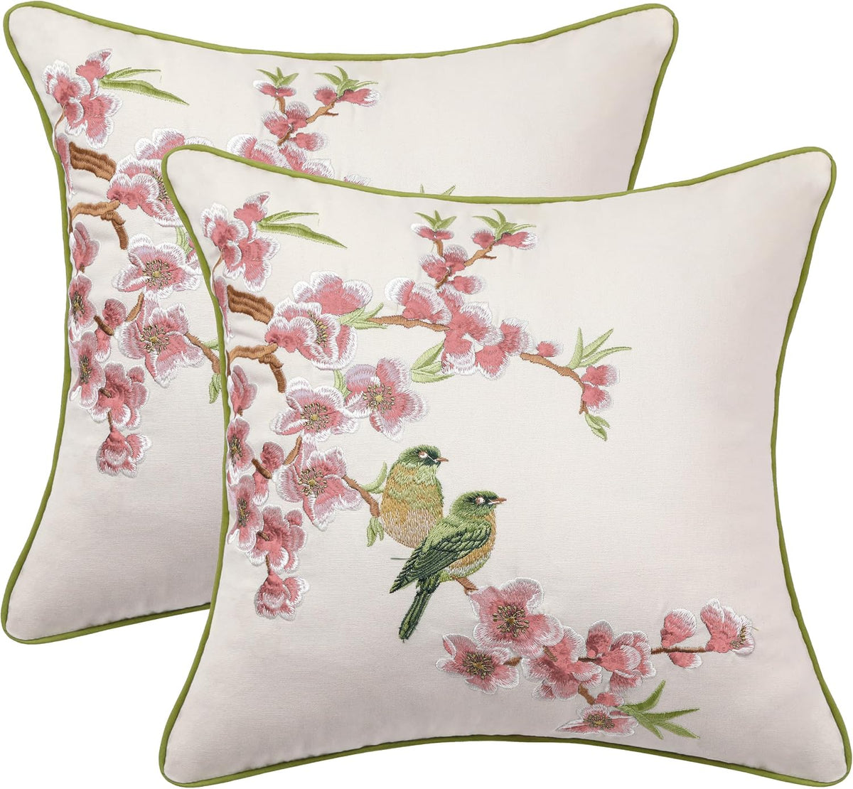 Embroidered Flower Birds Throw Pillow Covers Spring Decorative Flower Pillowcases (Pink, 18" x 18" (Pack of 2))
