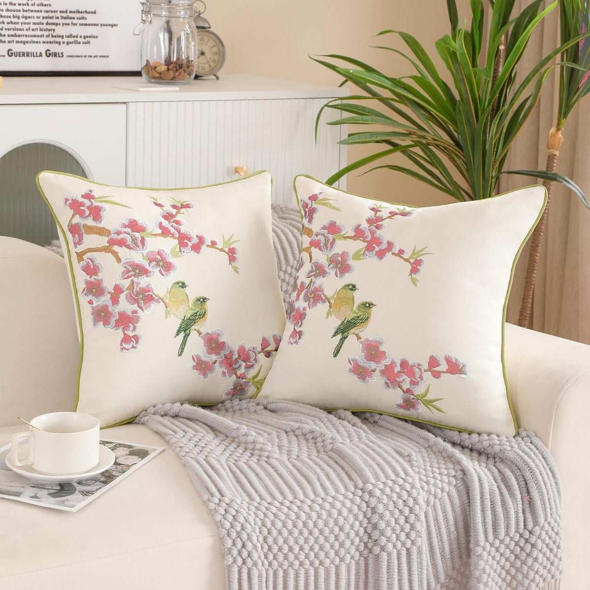 Embroidered Flower Birds Throw Pillow Covers Spring Decorative Flower Pillowcases (Pink, 18" x 18" (Pack of 2))