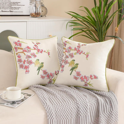 Embroidered Flower Birds Throw Pillow Covers Spring Decorative Flower Pillowcases (Pink, 18" x 18" (Pack of 2))