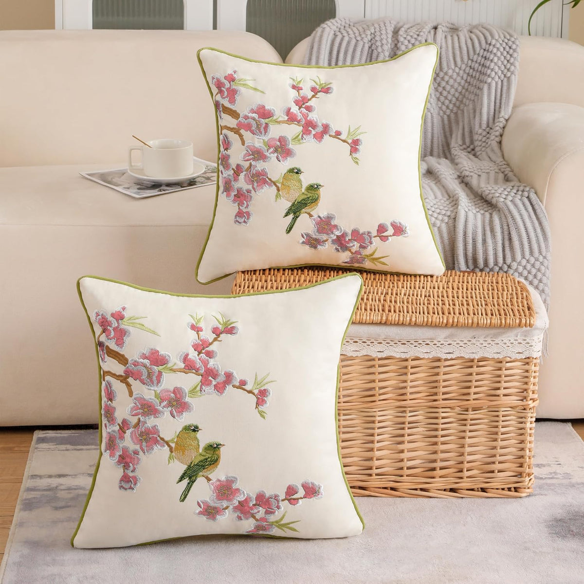 Embroidered Flower Birds Throw Pillow Covers Spring Decorative Flower Pillowcases (Pink, 18" x 18" (Pack of 2))