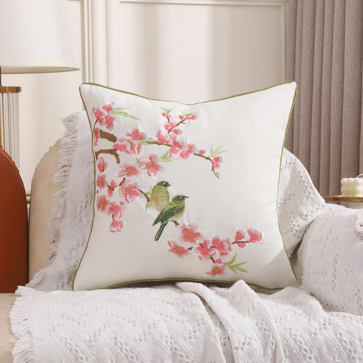 Embroidered Flower Birds Throw Pillow Covers Spring Decorative Flower Pillowcases (Pink, 18" x 18" (Pack of 2))