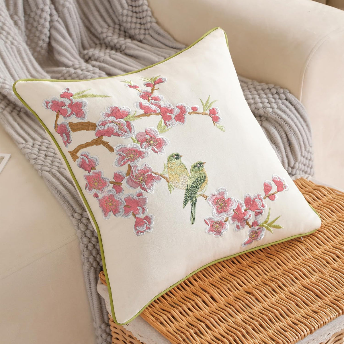Embroidered Flower Birds Throw Pillow Covers Spring Decorative Flower Pillowcases (Pink, 18" x 18" (Pack of 2))