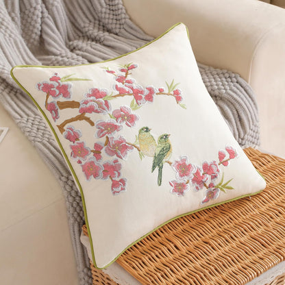 Embroidered Flower Birds Throw Pillow Covers Spring Decorative Flower Pillowcases (Pink, 18" x 18" (Pack of 2))