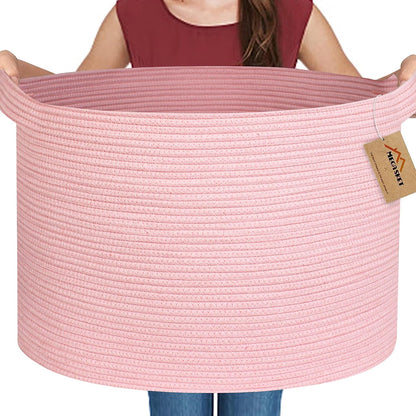 Extra Large Pink Basket, 22"x22"x14" Woven Cotton Rope Bin with Handles, Blanket Storage for Living Room, Baby Kids Toy Storage Bin Box, Wicker Laundry Basket, Pink Room Decor Organizing