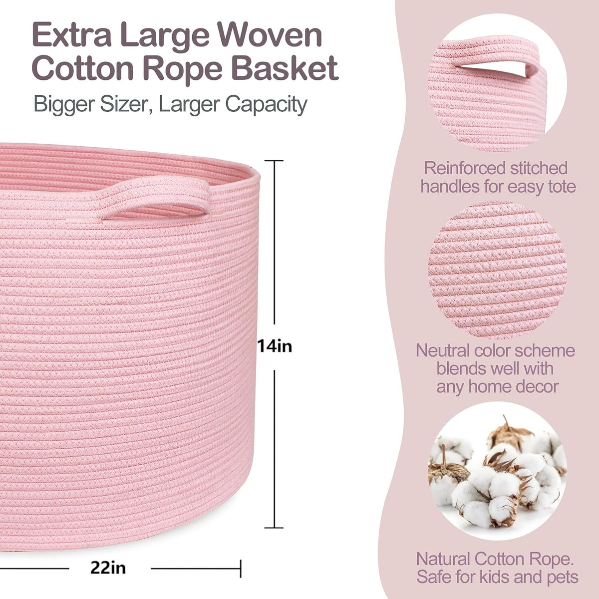 Extra Large Pink Basket, 22"x22"x14" Woven Cotton Rope Bin with Handles, Blanket Storage for Living Room, Baby Kids Toy Storage Bin Box, Wicker Laundry Basket, Pink Room Decor Organizing