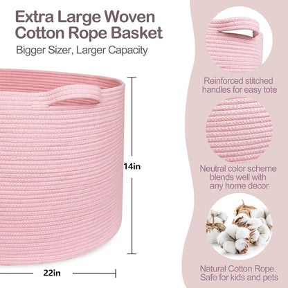 Extra Large Pink Basket, 22"x22"x14" Woven Cotton Rope Bin with Handles, Blanket Storage for Living Room, Baby Kids Toy Storage Bin Box, Wicker Laundry Basket, Pink Room Decor Organizing
