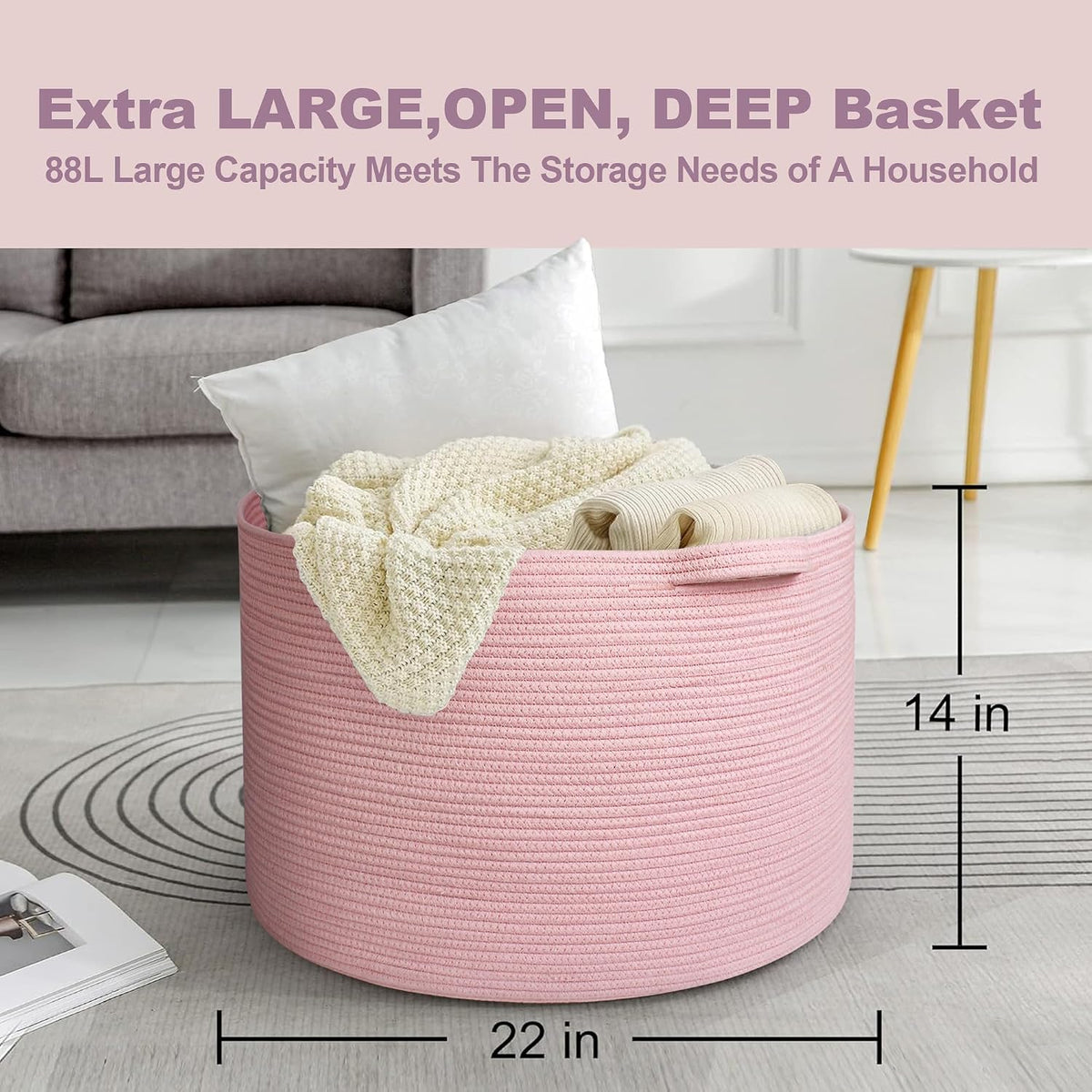 Extra Large Pink Basket, 22"x22"x14" Woven Cotton Rope Bin with Handles, Blanket Storage for Living Room, Baby Kids Toy Storage Bin Box, Wicker Laundry Basket, Pink Room Decor Organizing